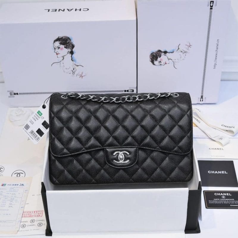 CHANEL LARGE CLASSIC HANDBAG Grained Calfskin & Silver Metal