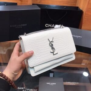 SAINT LAURENT Calfskin Crocodile Embossed Medium Monogram Sunset Icy White