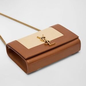 Saint Laurent Kate Small YSL Wallet on Chain in Linen and Leather