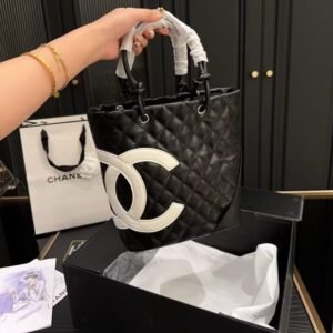 Chanel Black Quilted Lambskin Leather Medium Cambon Tote