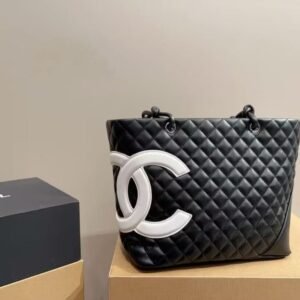 CHANEL Calfskin Quilted Large Cambon Tote Black White