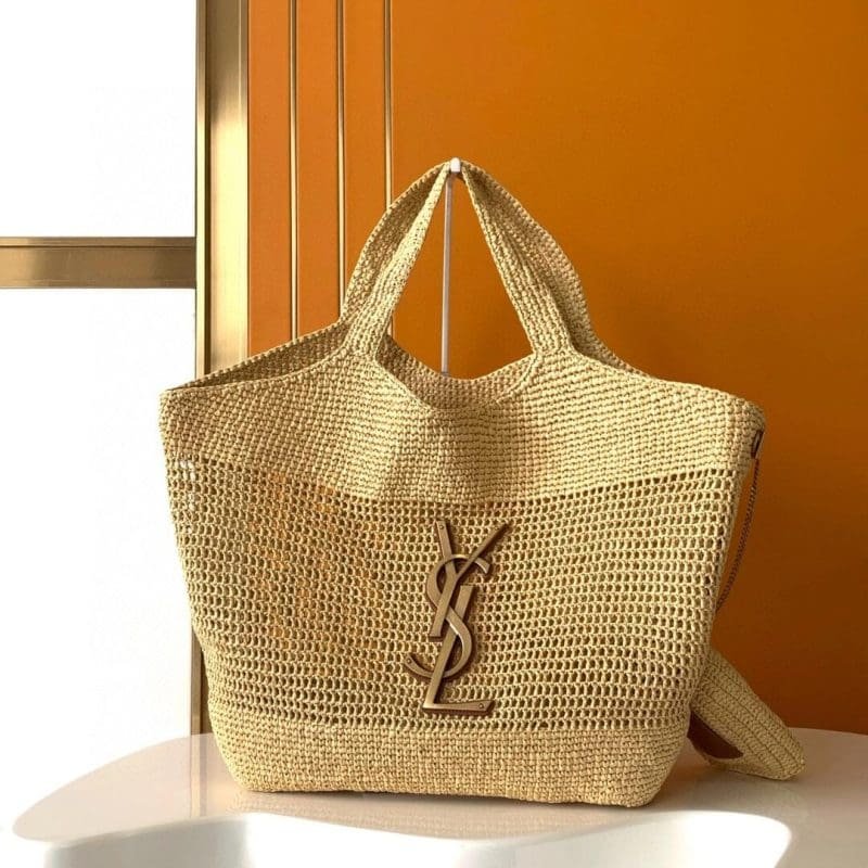 SAINT LAURENT ICARE IN RAFFIA NATUREL AND BROWN GOLD