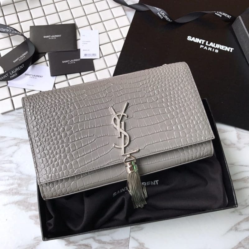 Saint Laurent Grey Crocodile Embossed Kate Medium