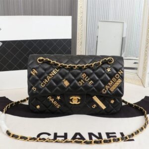 Chanel Lambskin Quilted Medium Rue Cambon Charms Double Flap Black