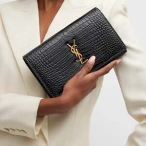 Saint Laurent Cassandra YSL Wallet on Chain in Croc Embossed Leather